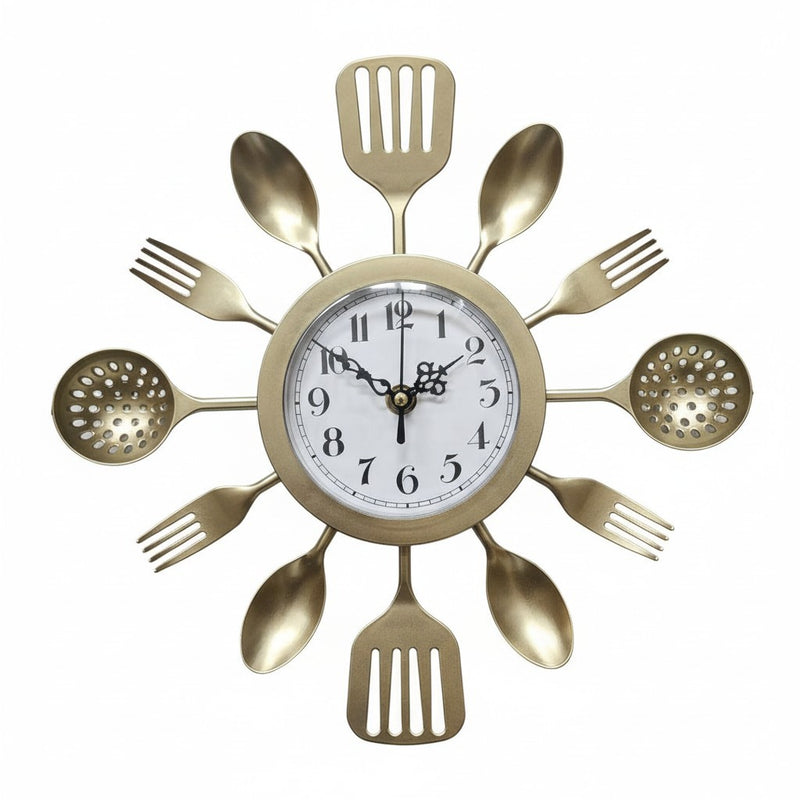 Load image into Gallery viewer, Gold Cooking Utensil Wall Clock Chef Kitchen Home Decor Plastic 12" Fork Spoon
