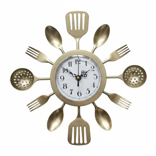 Gold Cooking Utensil Wall Clock Chef Kitchen Home Decor Plastic 12" Fork Spoon