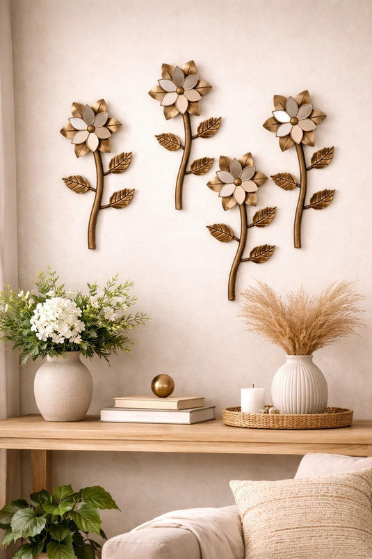 Bronze Flower Mirrored Wall Hangings Set of 4 Sculpture Garden Style Home Decor