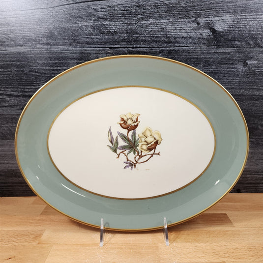 Flintridge Avalon Oval Platter Floral Sage Green Gold Trim Ceramic