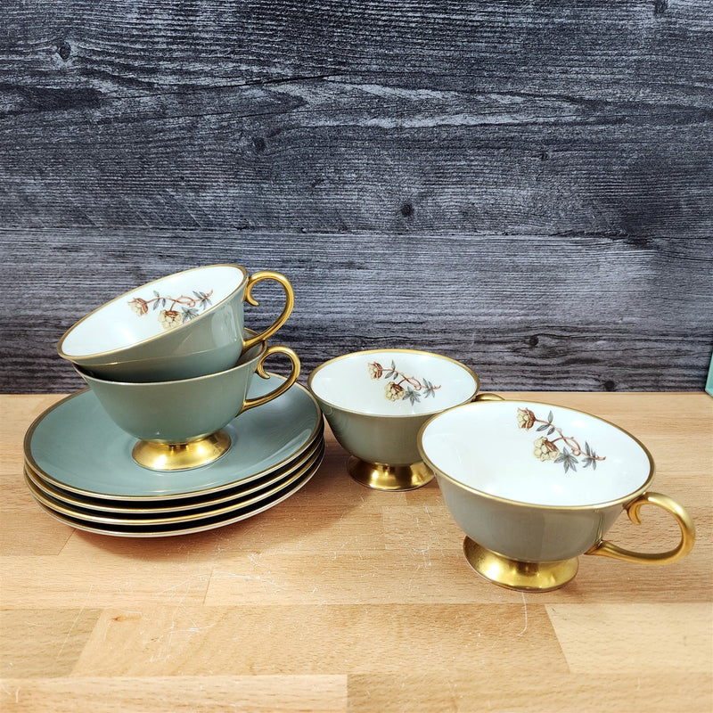 Load image into Gallery viewer, Flintridge Avalon Cup Saucer Set of 4 Floral Sage Green Gold Trim Ceramic
