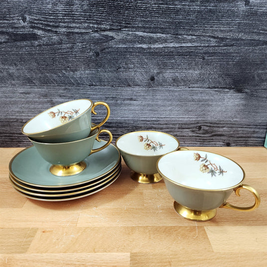 Flintridge Avalon Cup Saucer Set of 4 Floral Sage Green Gold Trim Ceramic