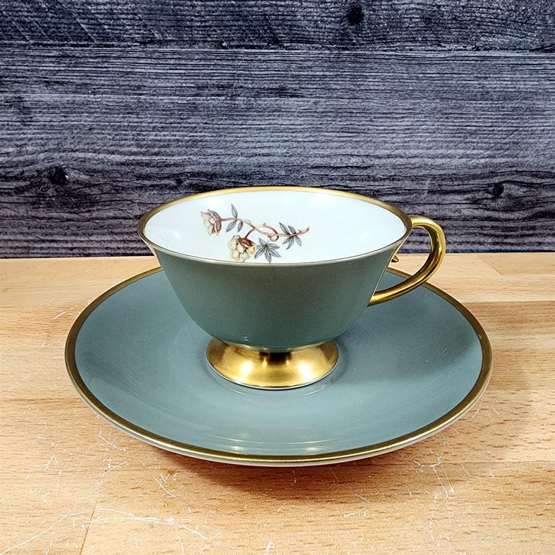 Load image into Gallery viewer, Flintridge Avalon Cup Saucer Set of 4 Floral Sage Green Gold Trim Ceramic
