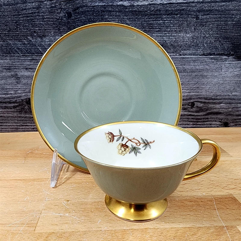 Load image into Gallery viewer, Flintridge Avalon Cup Saucer Set of 4 Floral Sage Green Gold Trim Ceramic
