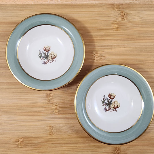 Flintridge Avalon Sauce Dessert Bowl 4 Set Floral Sage Green Gold Trim Ceramic