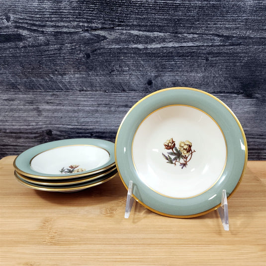 Flintridge Avalon Sauce Dessert Bowl 4 Set Floral Sage Green Gold Trim Ceramic
