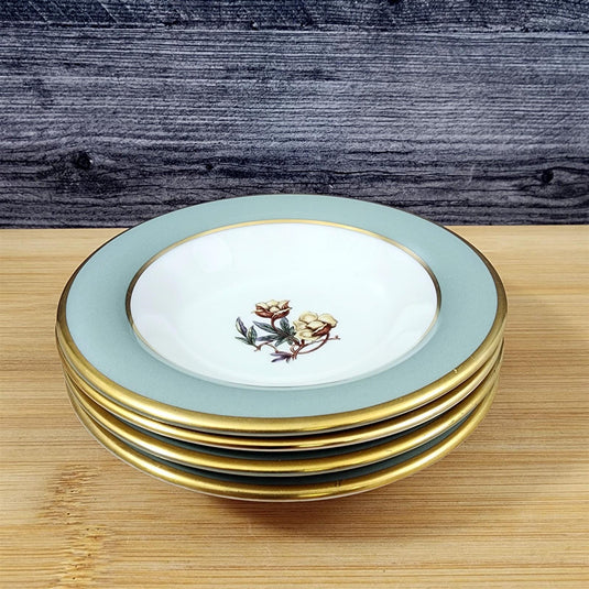 Flintridge Avalon Sauce Dessert Bowl 4 Set Floral Sage Green Gold Trim Ceramic