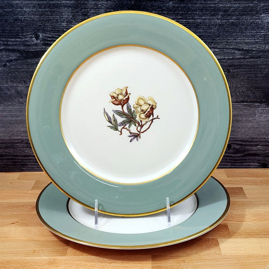 Flintridge Avalon Dinner Plate Set of 2 Floral Sage Green and Gold Trim Ceramic
