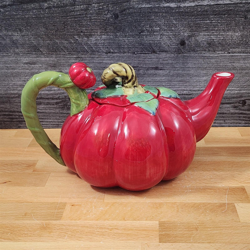 Load image into Gallery viewer, Tomato Teapot Whimsical Floral Fresh Garden Tea Pot Ceramic Blue Sky Goldminc
