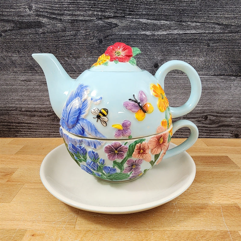 Load image into Gallery viewer, Wildflower Tea For One Ceramic Floral Garden Bloom Tea Pot Blue Sky Goldminic
