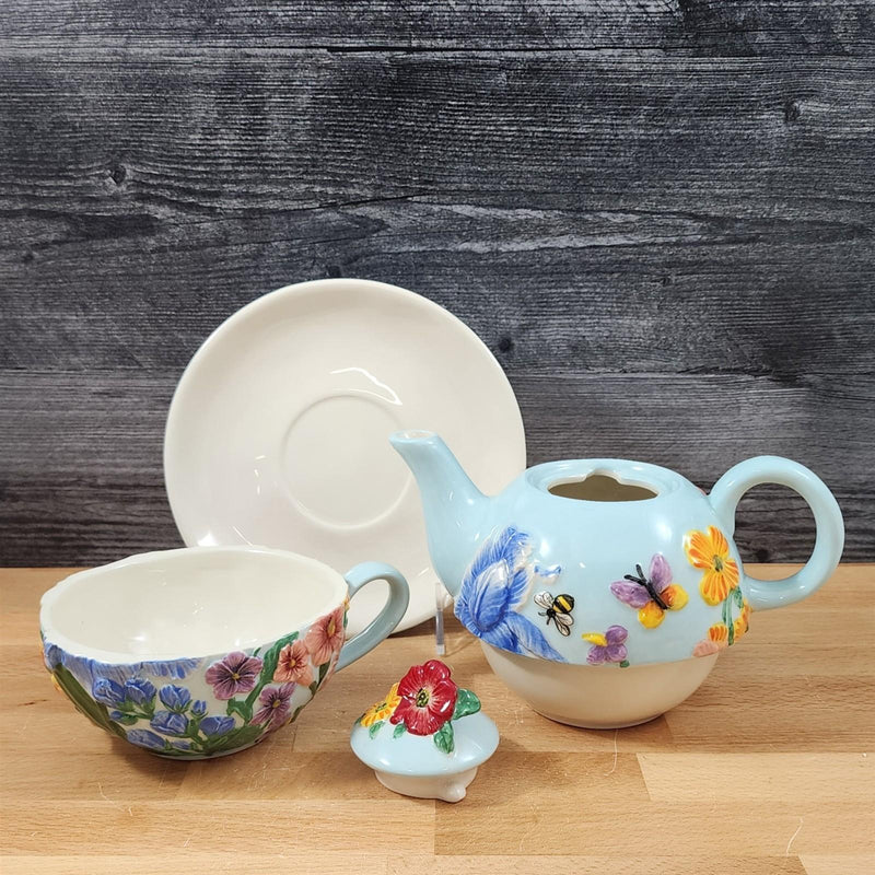 Load image into Gallery viewer, Wildflower Tea For One Ceramic Floral Garden Bloom Tea Pot Blue Sky Goldminic
