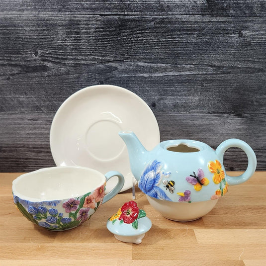 Wildflower Tea For One Ceramic Floral Garden Bloom Tea Pot Blue Sky Goldminic