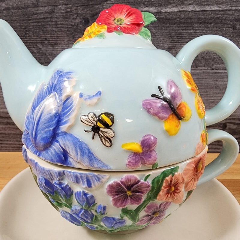 Load image into Gallery viewer, Wildflower Tea For One Ceramic Floral Garden Bloom Tea Pot Blue Sky Goldminic
