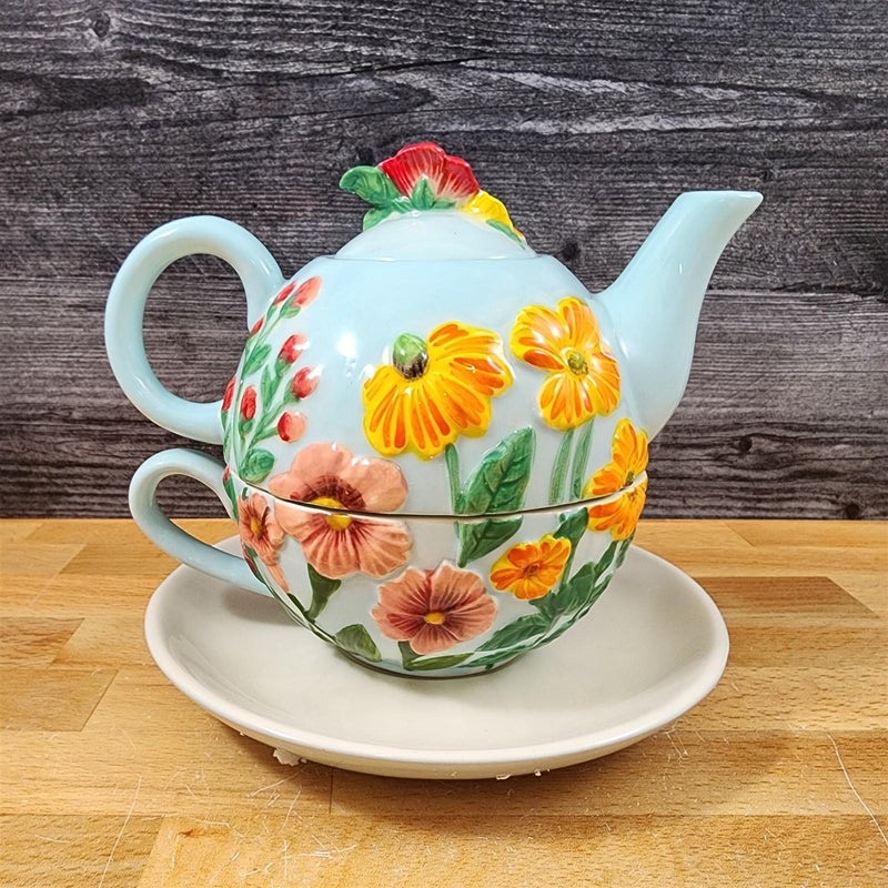 Load image into Gallery viewer, Wildflower Tea For One Ceramic Floral Garden Bloom Tea Pot Blue Sky Goldminic
