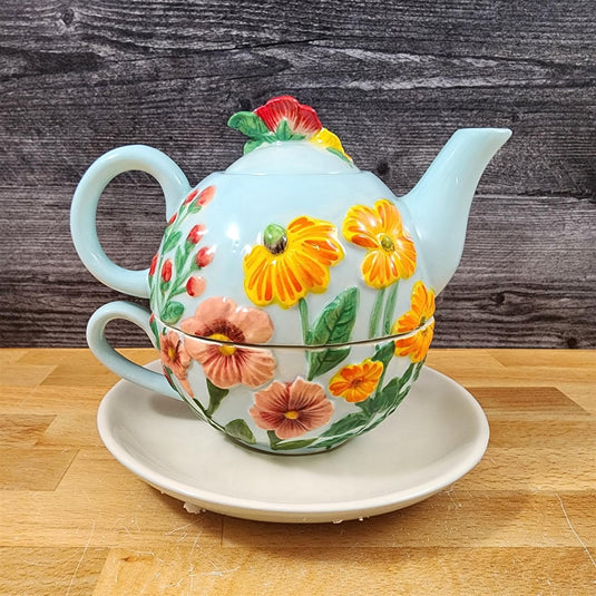 Wildflower Tea For One Ceramic Floral Garden Bloom Tea Pot Blue Sky Goldminic