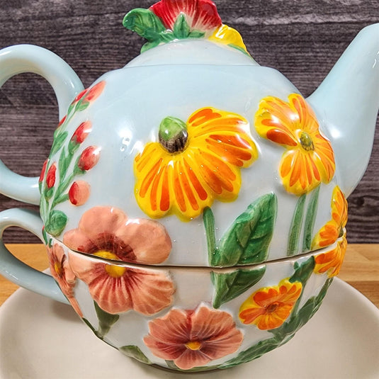 Wildflower Tea For One Ceramic Floral Garden Bloom Tea Pot Blue Sky Goldminic