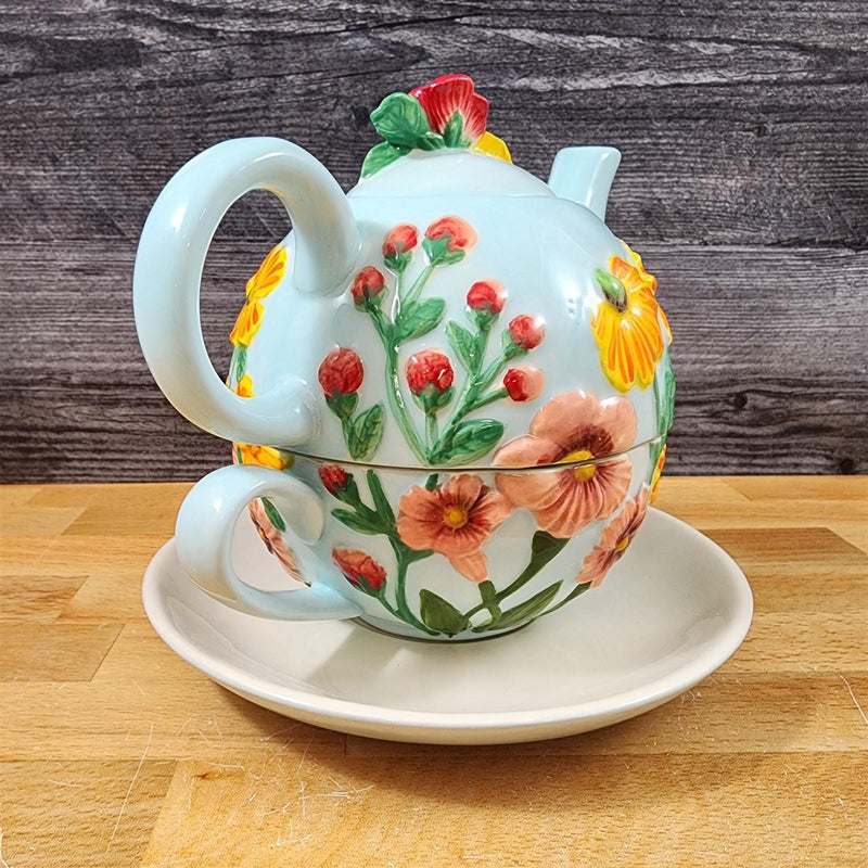 Load image into Gallery viewer, Wildflower Tea For One Ceramic Floral Garden Bloom Tea Pot Blue Sky Goldminic
