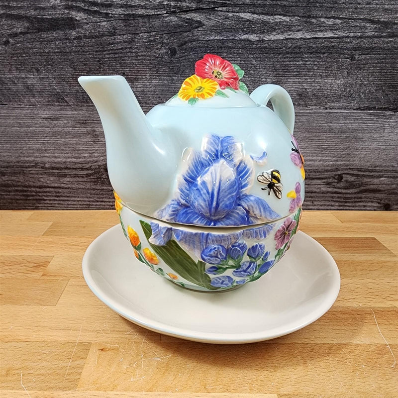 Load image into Gallery viewer, Wildflower Tea For One Ceramic Floral Garden Bloom Tea Pot Blue Sky Goldminic
