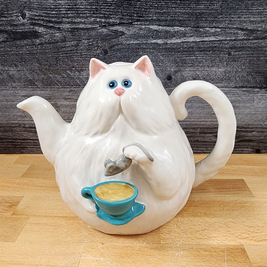 Cat with Mouse Teapot Animal Ceramic Decorative Tea Pot Décor Blue Sky Clayworks