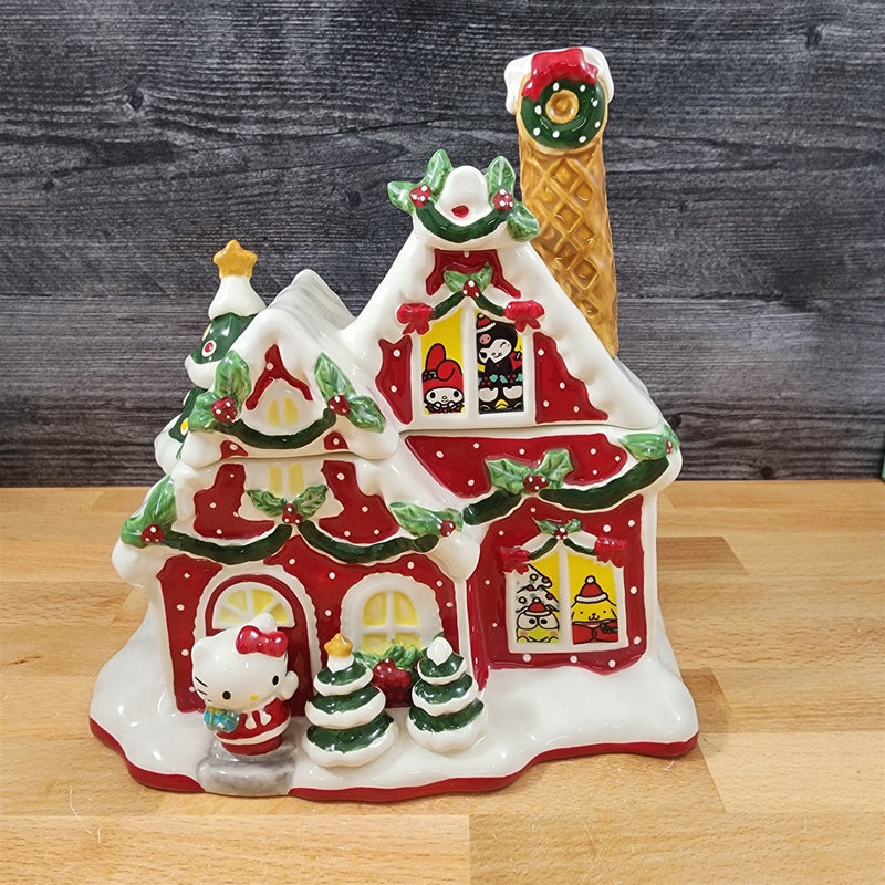 Load image into Gallery viewer, Hello Kitty and Friends Cookie Jar Whimsical Gingerbread House Blue Sky Ceramic
