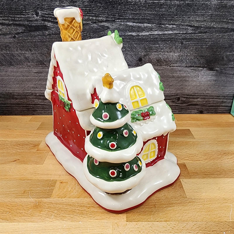 Load image into Gallery viewer, Hello Kitty and Friends Cookie Jar Whimsical Gingerbread House Blue Sky Ceramic
