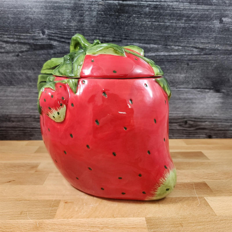 Load image into Gallery viewer, Strawberry Cookie Jar Red Whimsical Cottage Kitchen Blue Sky Ceramic Goldminc
