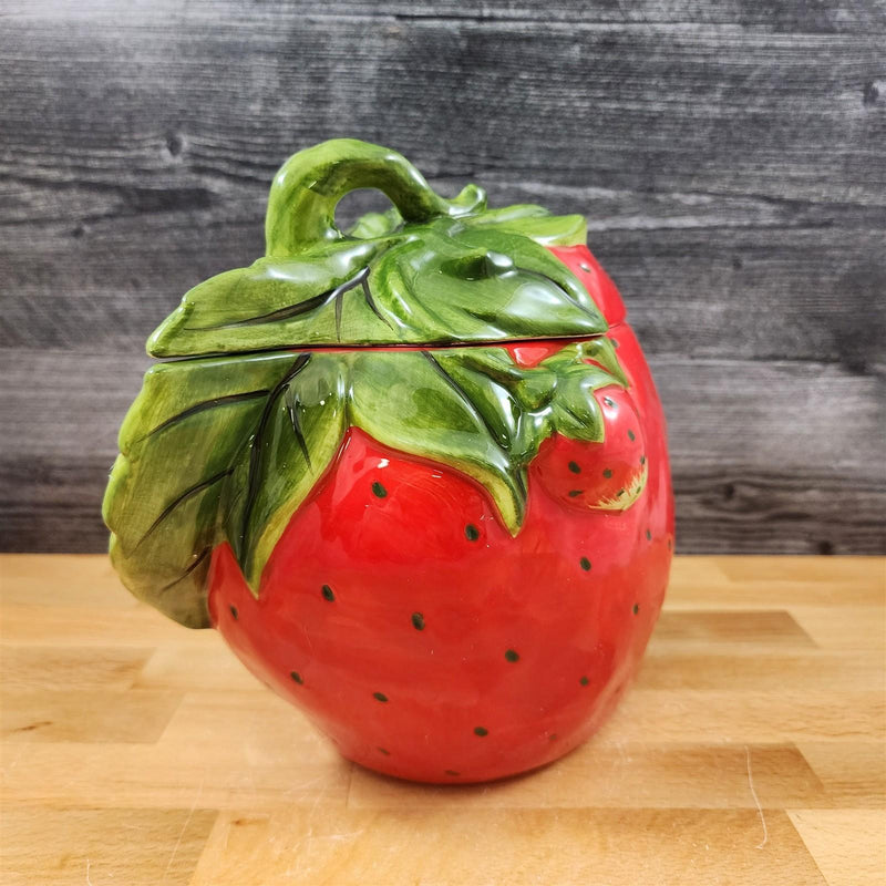 Load image into Gallery viewer, Strawberry Cookie Jar Red Whimsical Cottage Kitchen Blue Sky Ceramic Goldminc
