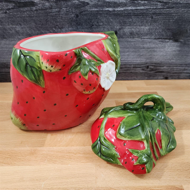 Load image into Gallery viewer, Strawberry Cookie Jar Red Whimsical Cottage Kitchen Blue Sky Ceramic Goldminc
