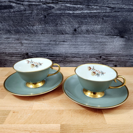 Flintridge Avalon Cup Saucer Set of 2 Floral Sage Green Gold Trim Ceramic