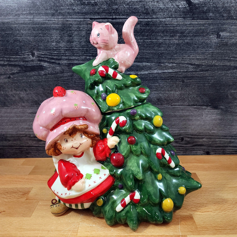 Load image into Gallery viewer, Strawberry Shortcake Falling For Cuteness Cookie Jar Ceramic Blue Sky Christmas
