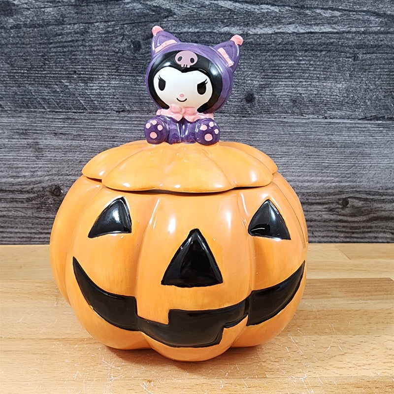 Load image into Gallery viewer, Kuromi Witch Halloween Candy Bowl Lid Orange Jack-o-Lantern Ceramic Blue Sky
