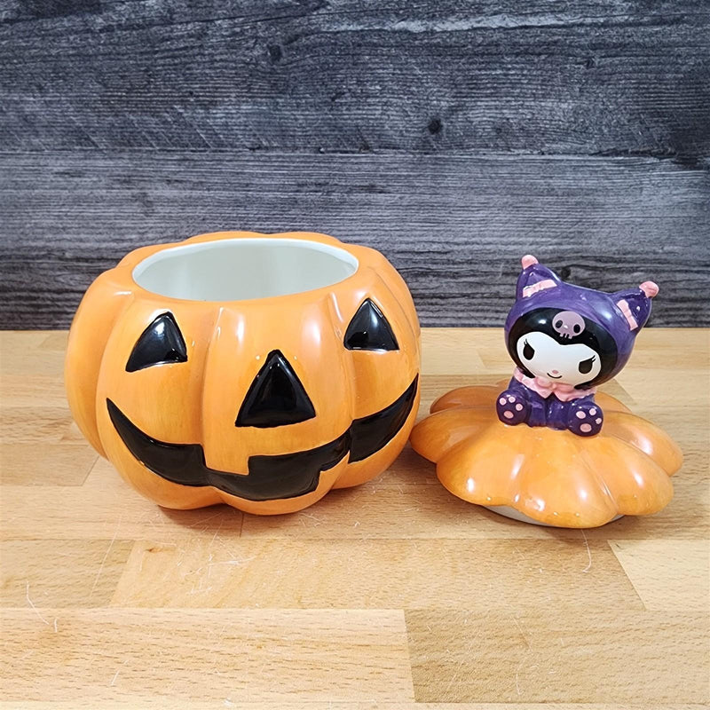 Load image into Gallery viewer, Kuromi Witch Halloween Candy Bowl Lid Orange Jack-o-Lantern Ceramic Blue Sky
