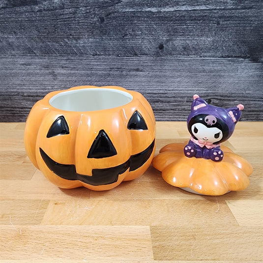 Kuromi Witch Halloween Candy Bowl Lid Orange Jack-o-Lantern Ceramic Blue Sky
