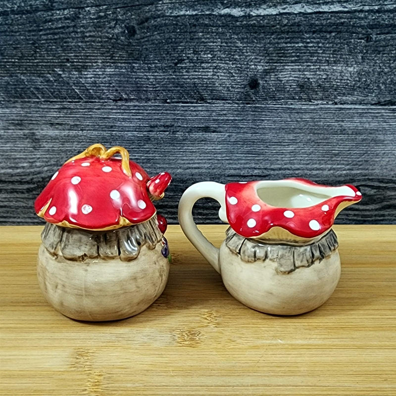 Load image into Gallery viewer, Toadstool Mushroom Sugar Bowl Creamer Set Ceramic Woodland Blue Sky Goldminc
