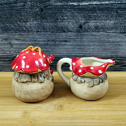 Toadstool Mushroom Sugar Bowl Creamer Set Ceramic Woodland Blue Sky Goldminc