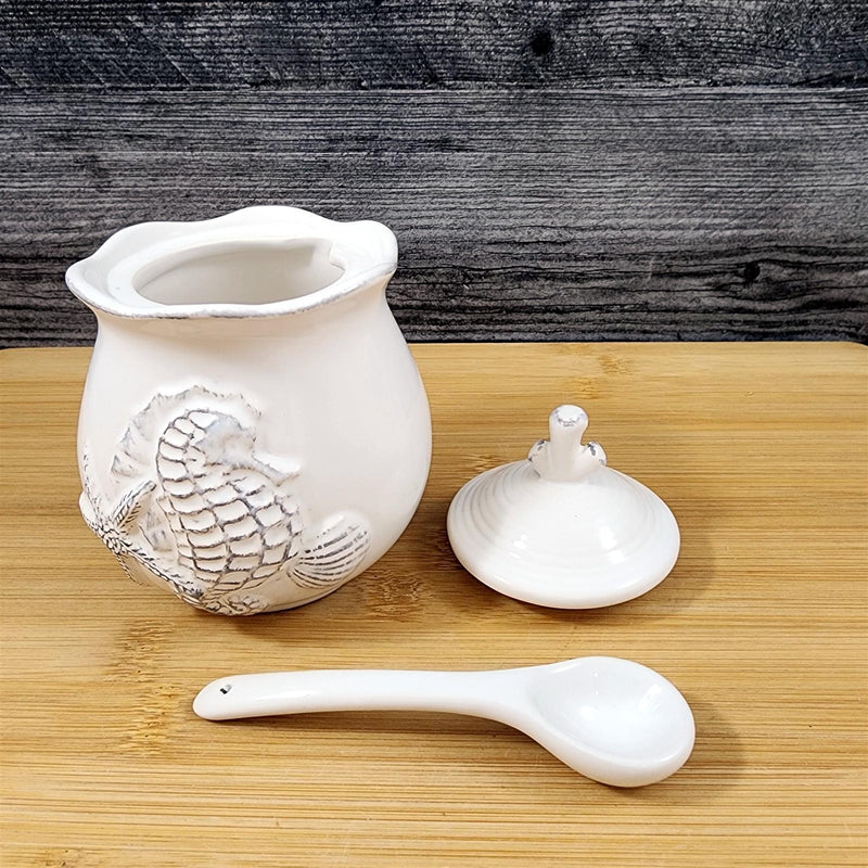 Load image into Gallery viewer, Coastal Seahorse Cream Sugar Set with Spoon White Beach Nautical Blue Sky Decor
