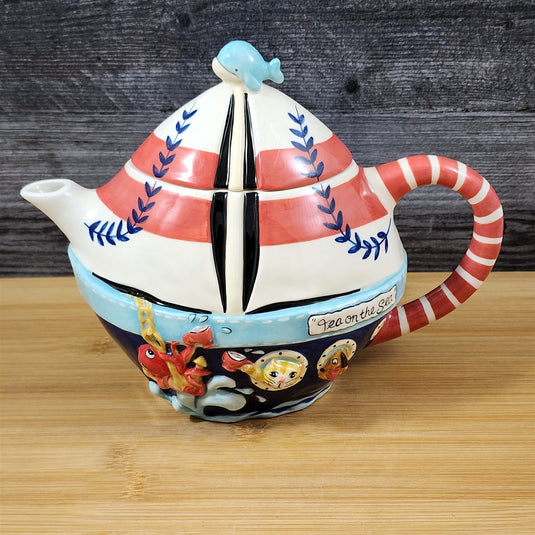 Tea On The Sea Teapot Nautical Sailboat Coastal Sea Ceramic Blue Sky Goldminc