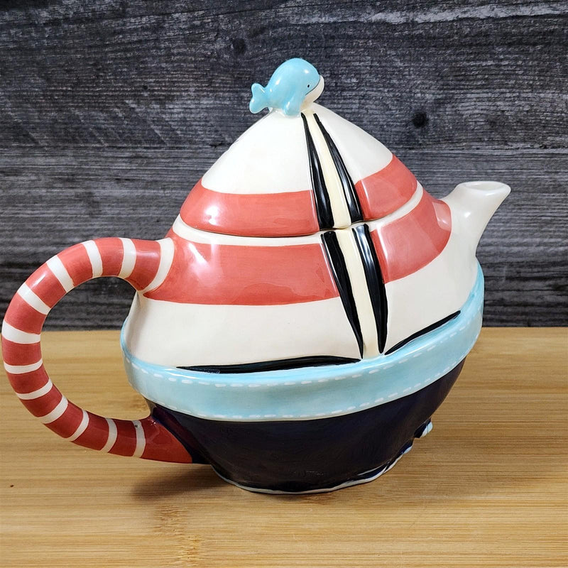 Load image into Gallery viewer, Tea On The Sea Teapot Nautical Sailboat Coastal Sea Ceramic Blue Sky Goldminc
