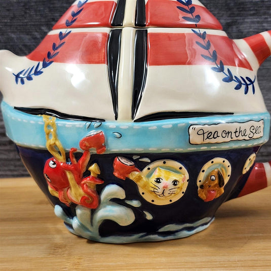 Tea On The Sea Teapot Nautical Sailboat Coastal Sea Ceramic Blue Sky Goldminc
