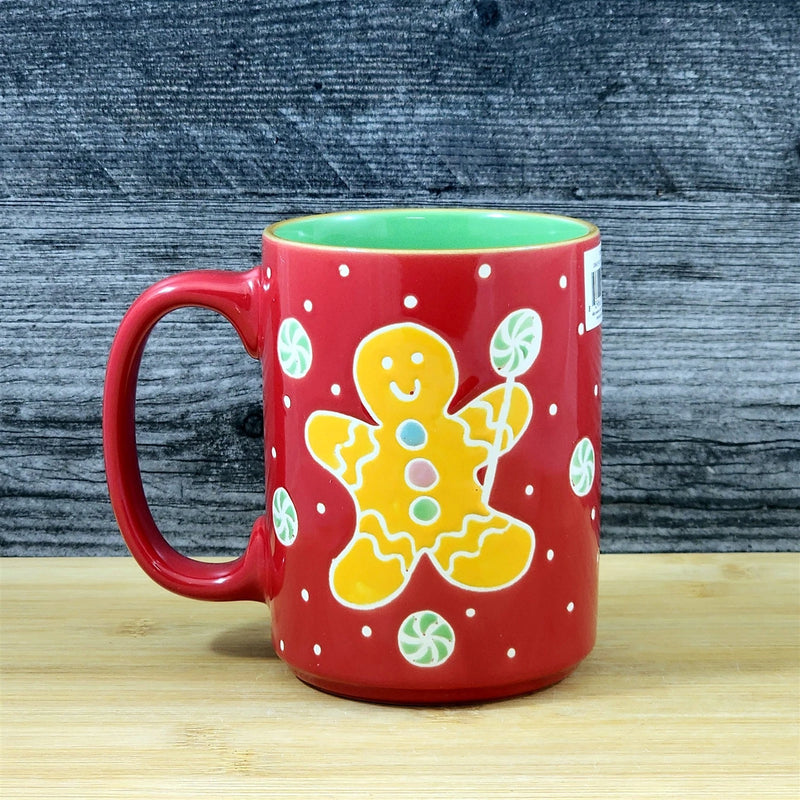 Load image into Gallery viewer, Christmas Coffee Mug Gingerbread Blue Sky Ceramic Holiday Cup Red Green 18oz
