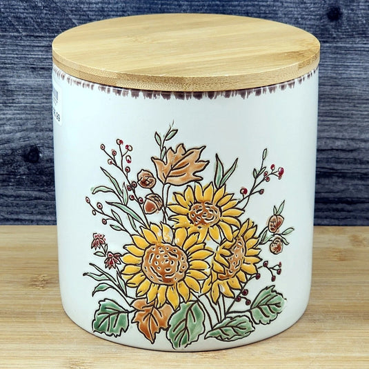 Floral Sunflower Canister & Bamboo Lid Embossed 5" Ceramic Jar Blue Sky Fall