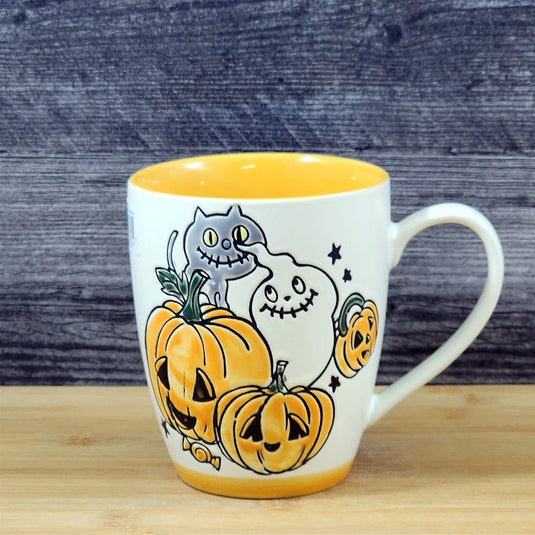 Whimsical Halloween Coffee Mug Jack-O-Lantern Orange Tea Cup Ceramic Blue Sky 18