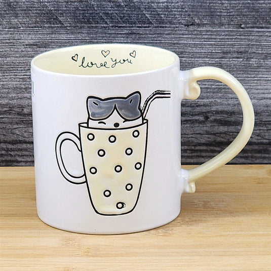 Cat Lover Coffee Mug Embossed Ceramic Tea Cup Large 21oz Blue Sky Yellow Inside