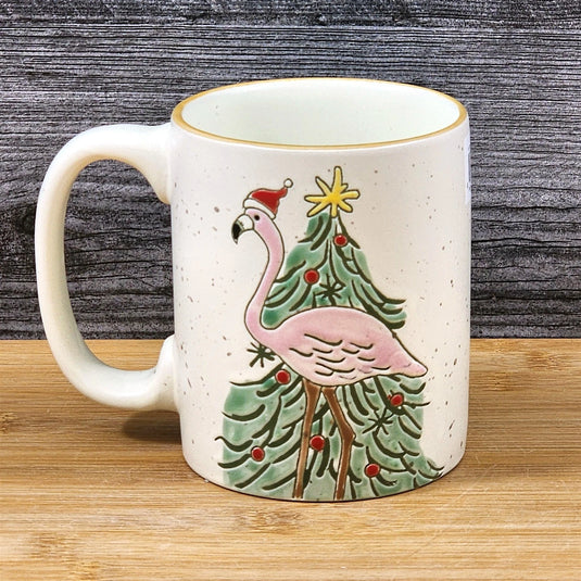 Flamingo and Christmas Tree Coffee Tea Mug Holiday Cup Ceramic Blue Sky 18 oz