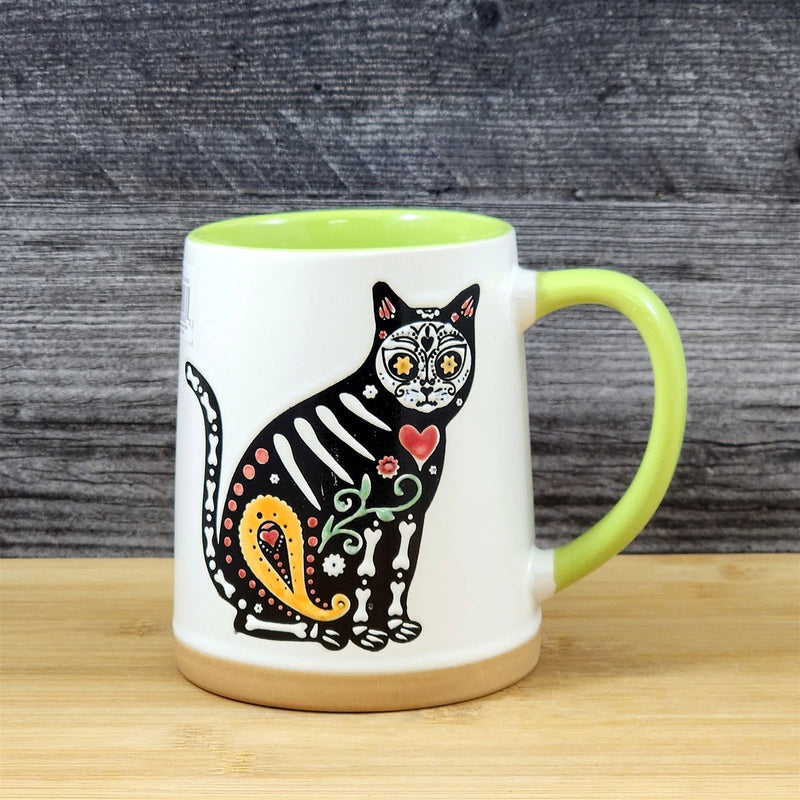 Load image into Gallery viewer, Halloween Day of the Dead Whimsical Cat Coffee Mug Green Ceramic Cup Blue Sky

