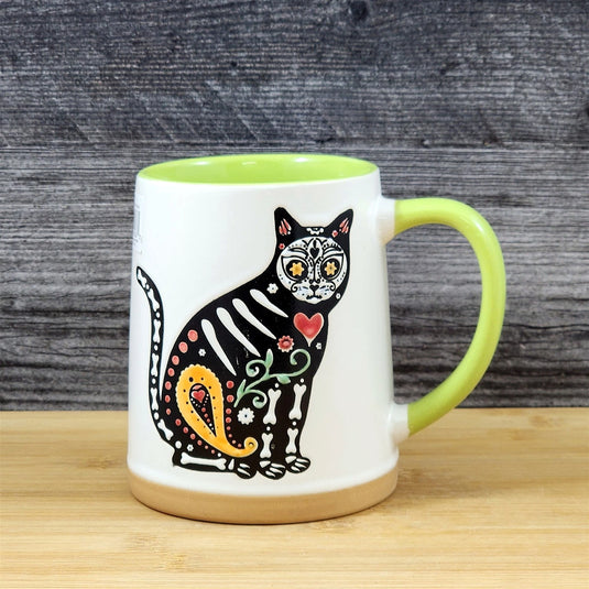 Halloween Day of the Dead Whimsical Cat Coffee Mug Green Ceramic Cup Blue Sky