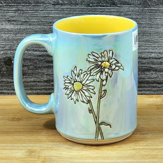Daisy Flowers Summer Coffee Mug Yellow Tea Cup Ceramic Embossed Blue Sky 18oz