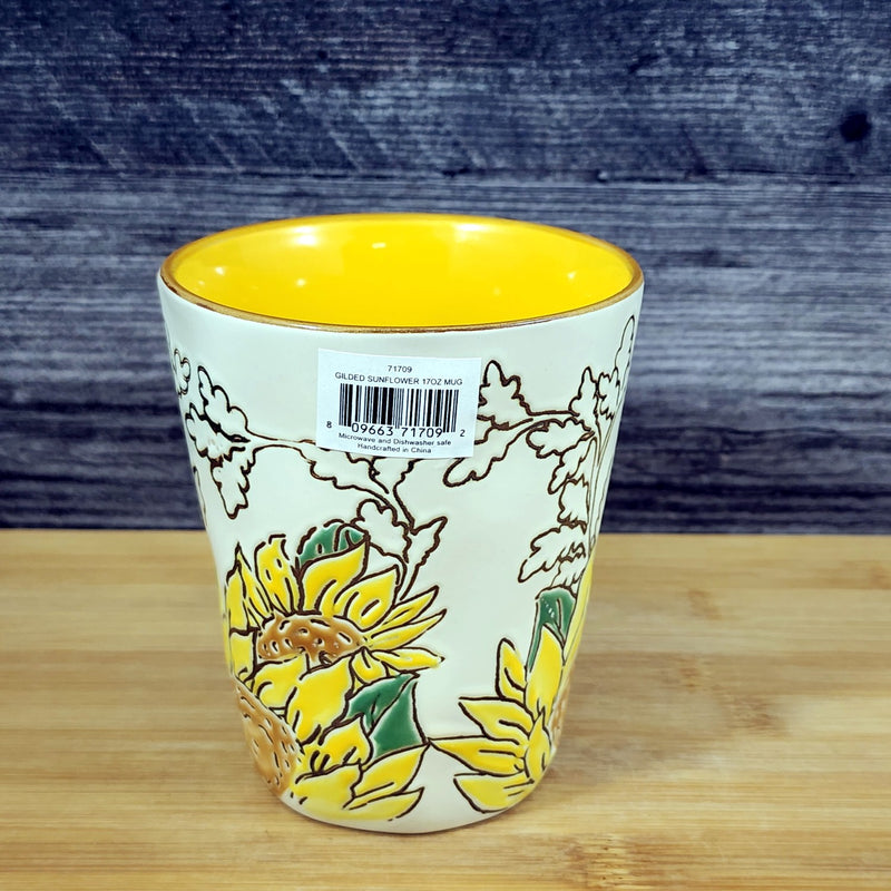 Load image into Gallery viewer, Gilded Sunflower Coffee Mug 17oz (455ml) Embossed Ceramic Tea Cup Blue Sky

