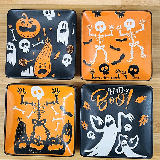 Blue Sky Clayworks Happy Boo Appetizer Plates, Ceramic, Set of 4, 6-Inch Square Each, Ghosts & Skeletons Parade
