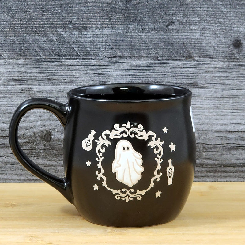 Load image into Gallery viewer, Halloween Ghost Mug Spooky Black Ceramic Coffee Tea Cup by Blue Sky 18oz
